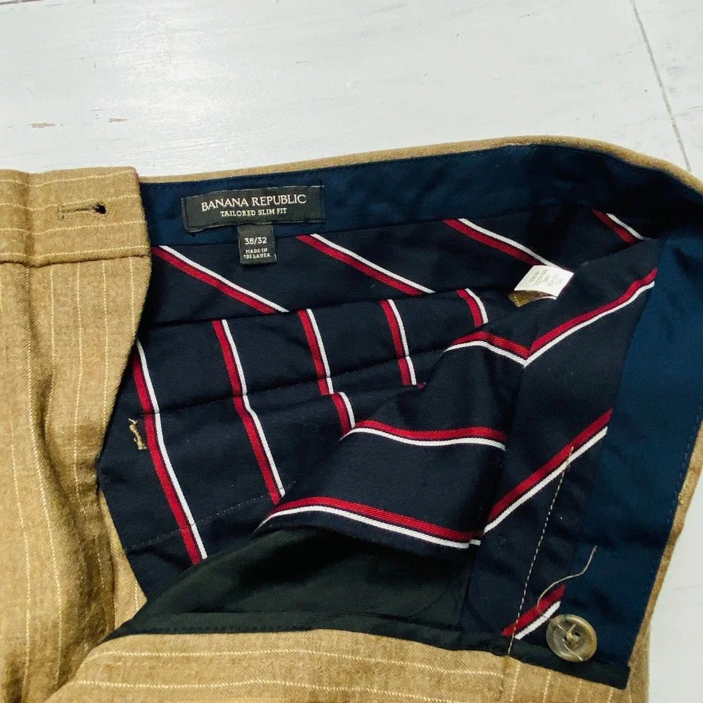 Banana Republic Dress Pants Mens 38x32 Tan Pinstripe Wool Tailored Slim Trousers